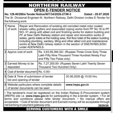 Northern Railway Open E-Tender Notice (July 2026)