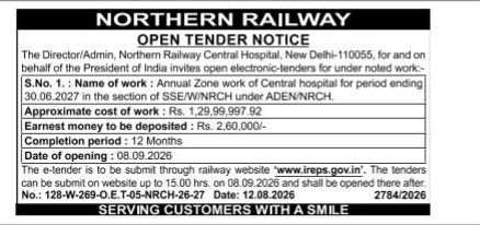 Northern Railway Open Tender Notice (Central Hospital Work)