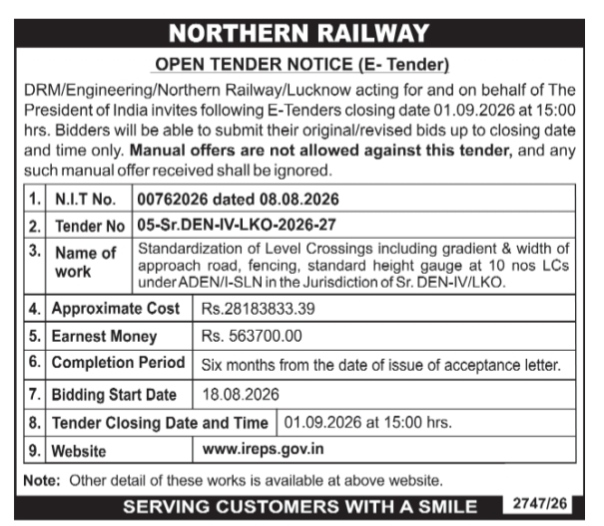 Northern Railway Open Tender Notice (E-Tender) for Level Crossing Standardization under Sr. DEN-IV/LKO