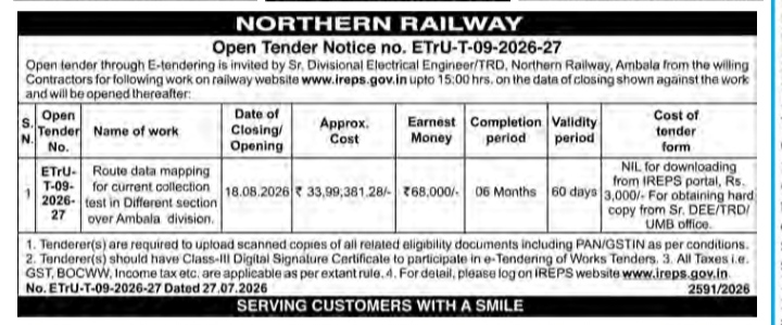 Northern Railway Open Tender Notice (ETRu-T-09-2026-27) for Ambala Division Route Data Mapping
