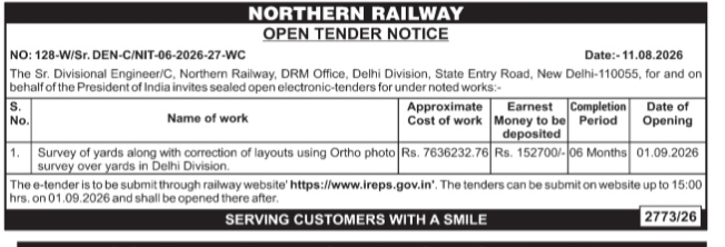Northern Railway Open Tender Notice for Delhi Division Yard Survey