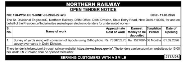 Northern Railway Open Tender Notice (No. 128-W/Sr. DEN-C/NIT-06-2026-27-WC)