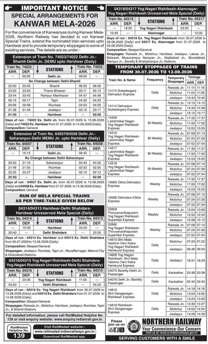 Northern Railway Special Train Arrangements for Kanwar Mela 2026