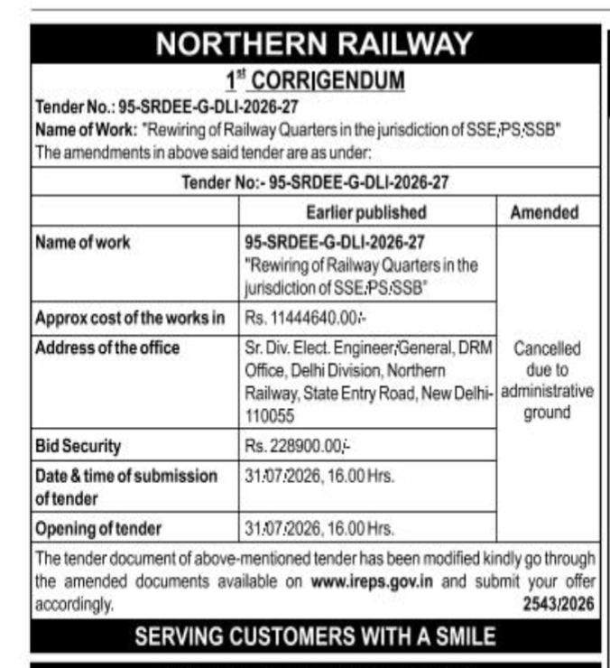 Northern Railway Tender Cancellation Corrigendum Notice