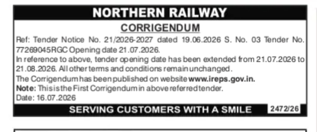 Northern Railway Tender Corrigendum (21.08.2026)