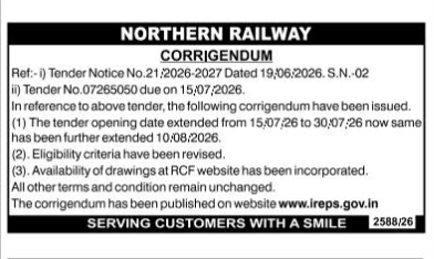 Northern Railway Tender Corrigendum Notice (Tender No. 07265050)à