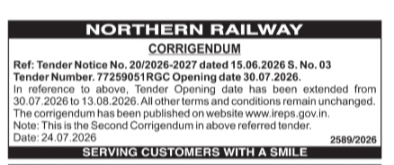 Northern Railway Tender Corrigendum: Opening Date Extension for Tender No. 77259051RGC