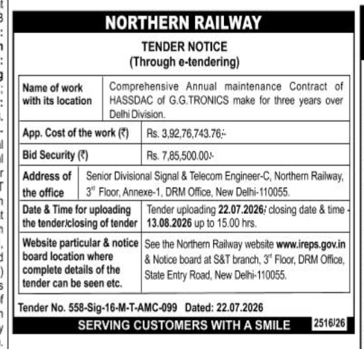 Northern Railway Tender Notice: Annual Maintenance Contract for HASSDAC