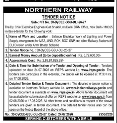 Northern Railway Tender Notice: Electrical Work under Amrit Bharat Scheme