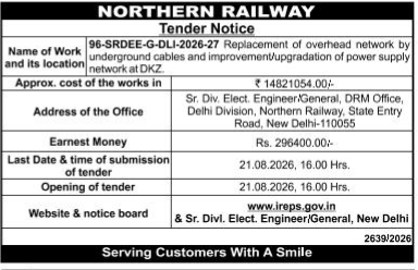 Northern Railway Tender Notice for Power Network Upgradation