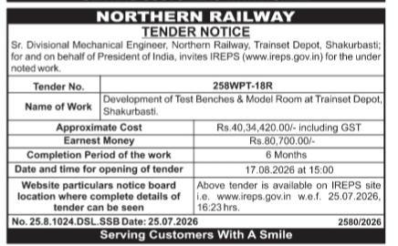 Northern Railway Tender Notice for Shakurbasti Trainset Depot (Tender No. 258WPT-18R)