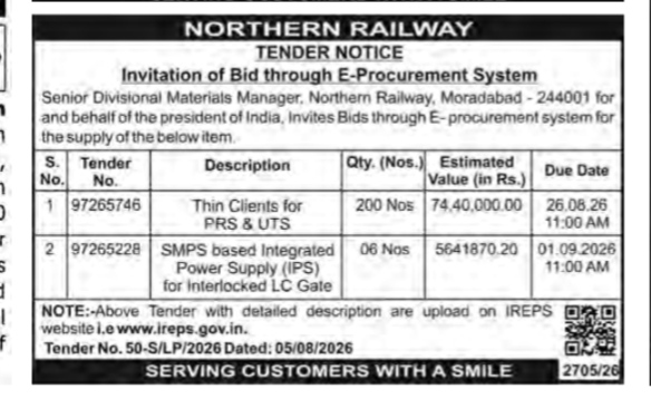 Northern Railway Tender Notice: Invitation of Bid through E-Procurement System