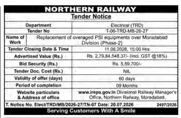 Northern Railway Tender Notice: Moradabad Division (T-06-TRD-MB-26-27)