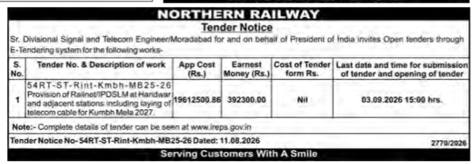 Northern Railway Tender Notice: Railnet/IPDSLM Provision for Kumbh Mela 2027