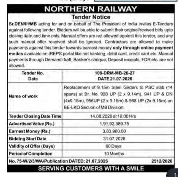 Northern Railway Tender Notice: Replacement of Steel Girders to PSC Slab (MB Division)
