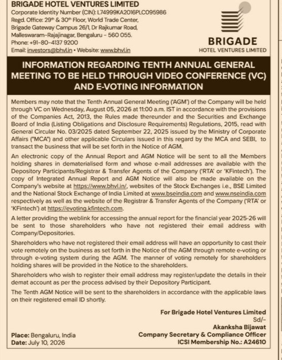 NOTICE ABOUT ANNUAL GENERAL MEETING -HOTEL VENTURES LIMITED