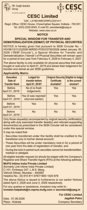 Notice: CESC Special Window for Dematerialization