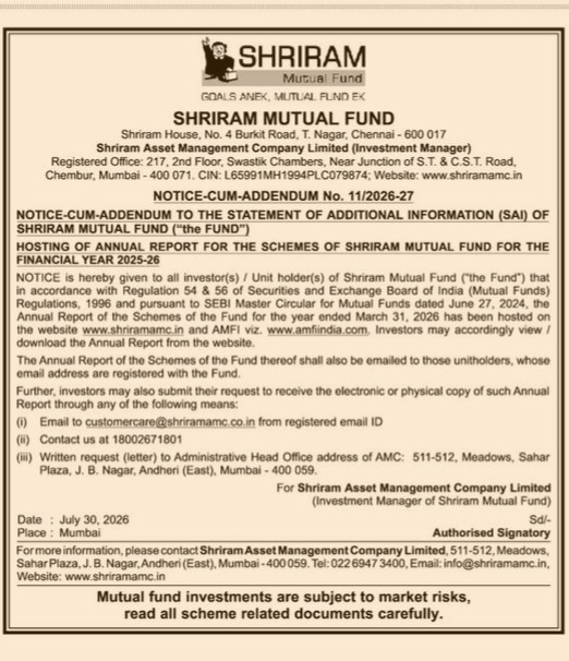 Notice-Cum-Addendum: Shriram Mutual Fund Annual Report 2025-26