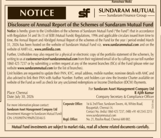 Notice: Disclosure of Annual Report of the Schemes of Sundaram Mutual Fund (FY 2025-2026)