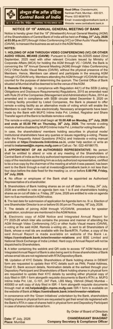NOTICE FOR 19th ANNUAL GENERAL MEETING