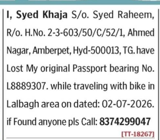 NOTICE FOR A LOST OF ORIGINAL PASSPORT