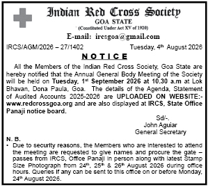 Notice for Annual General Body Meeting (AGM) 2026 – Indian Red Cross Society, Goa State
