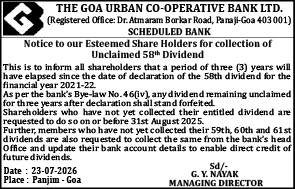 Notice for Collection of Unclaimed 58th Dividend