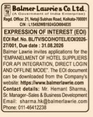 Notice for Expression of Interest (EOI) for Empanelment of Hotel Suppliers by Balmer Lawrie & Co. Ltd.
