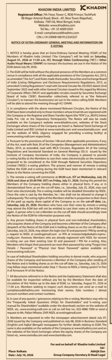NOTICE FOR EXTRA ORDINARY GENERAL MEETING