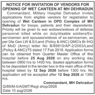 Notice for Invitation of Vendors for Opening of Wet Canteen at MH Dehradun