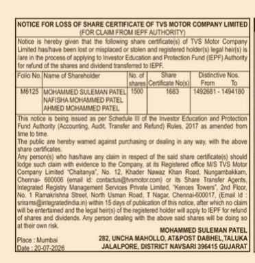 Notice for Loss of Share Certificate - TVS Motor Company Limited