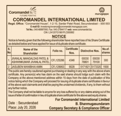 Notice for Loss of Share Certificates and Issue of Duplicate Certificates