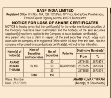 Notice For Loss Of Share Certificates - BASF India Limited