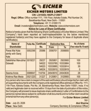 Notice for Loss of Share Certificates — Eicher Motors Limited
