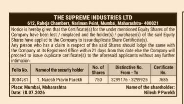 Notice for Loss of Share Certificates - The Supreme Industries Ltd