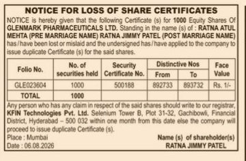 Notice for Loss of Share Certificates