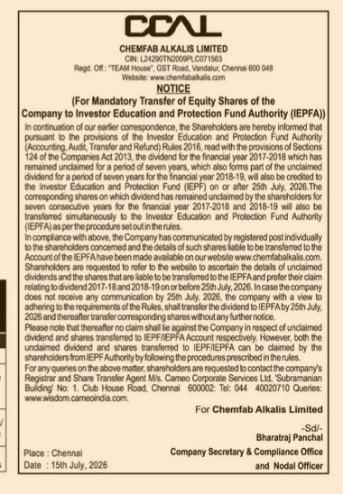 Notice for Mandatory Transfer of Equity Shares to IEPFA - Chemfab Alkalis Limited