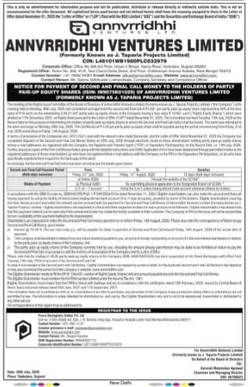 Notice for Payment of Second and Final Call Money to the Holders of Partly Paid-Up Equity Shares of Annvriddhi Ventures Limited.