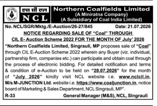 Notice for Sale of Coal via CIL E-Auction Scheme 2022 (July 2026)