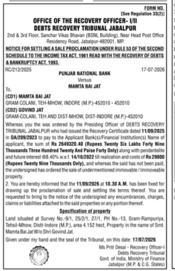 Notice for Settling a Sale Proclamation — Debts Recovery Tribunal Jabalpur