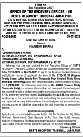 Notice for Settling a Sale Proclamation - Debts Recovery Tribunal Jabalpur
