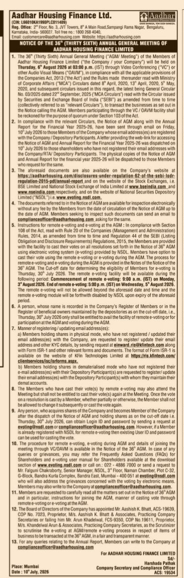 NOTICE FOR THE 36TH ANNUAL GENERAL MEETING