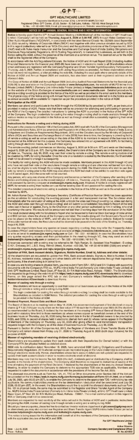 NOTICE FOR THE 37 ANNUAL GENERAL MEETING