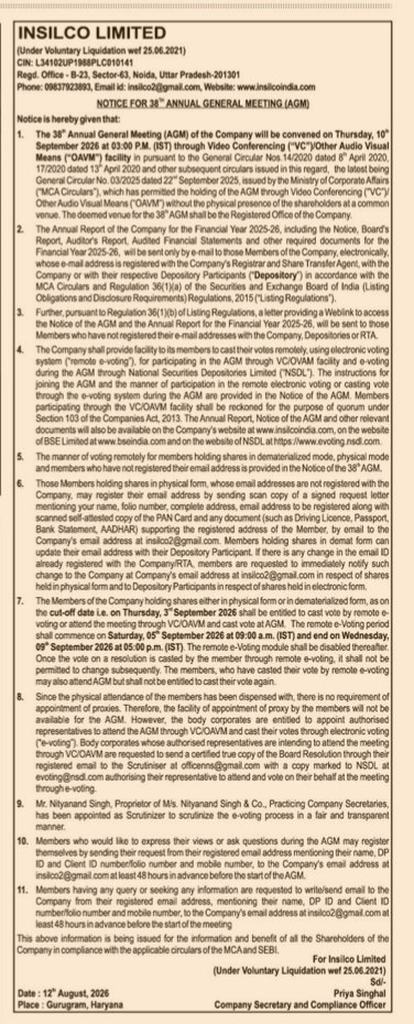 Notice for the 38th Annual General Meeting (AGM) of Insilco Limited