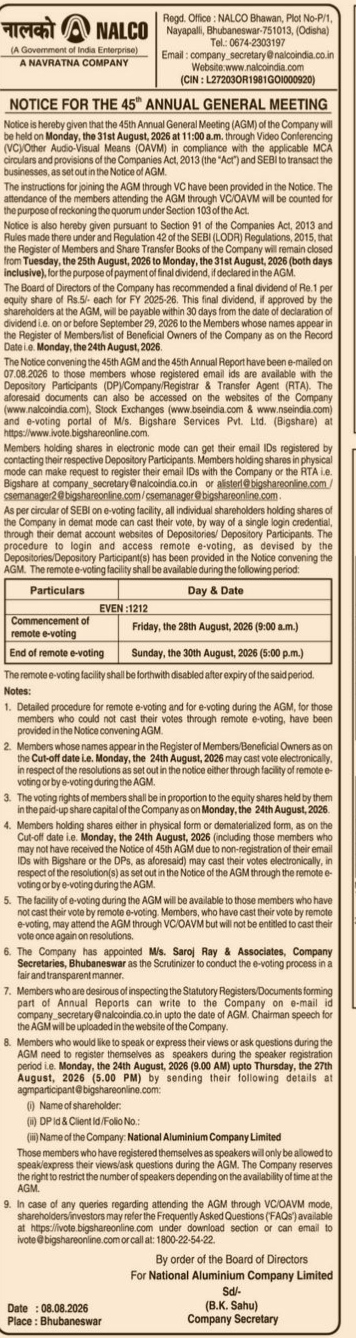 Notice for the 45th Annual General Meeting of NALCO