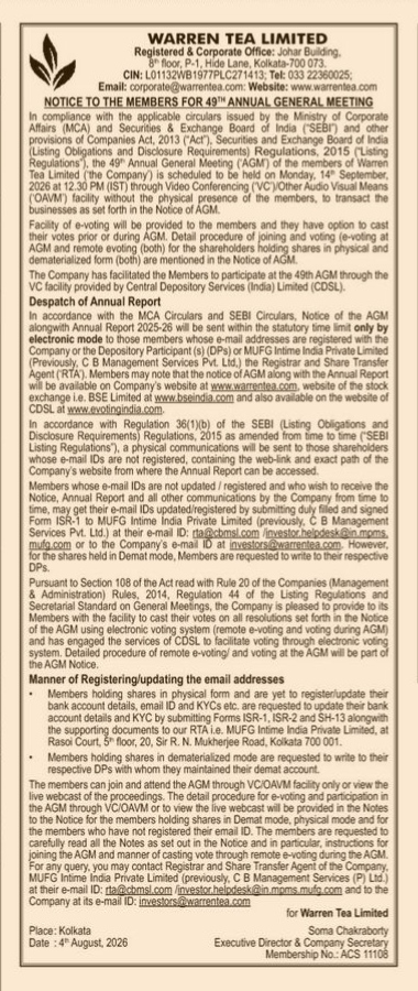 Notice for the 49th Annual General Meeting of Warren Tea Limited
