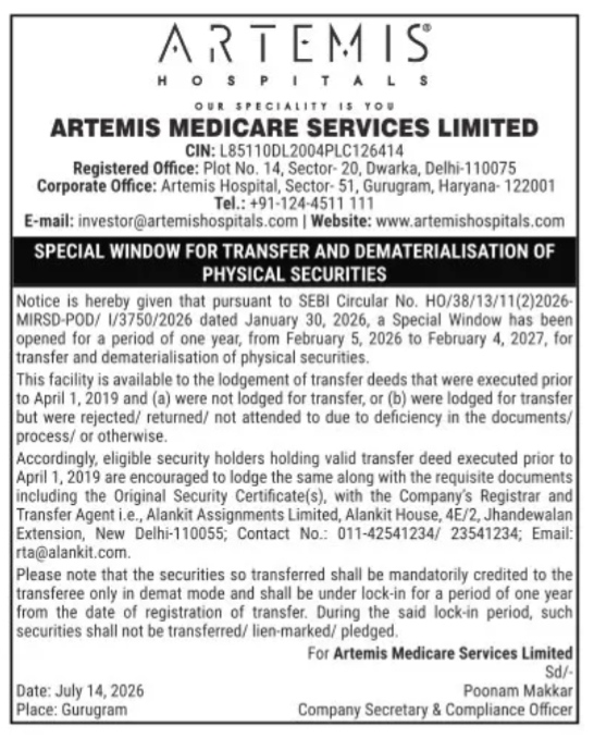 Notice for Transfer and Dematerialisation of Physical Securities