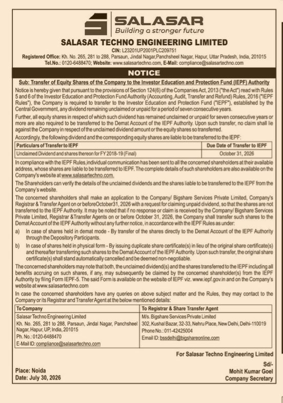 Notice for Transfer of Equity Shares to IEPF Authority