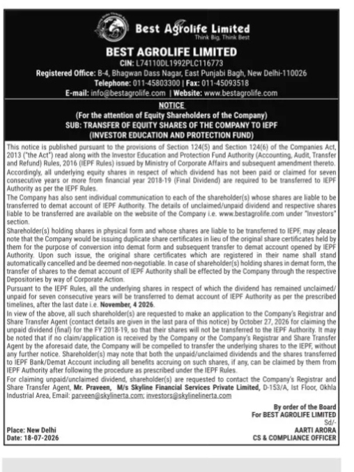 Notice for Transfer of Equity Shares to IEPF