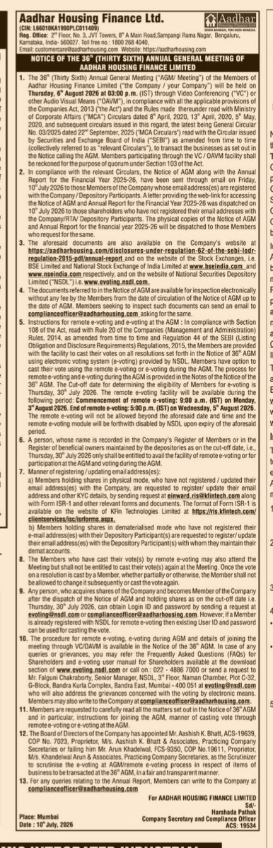 NOTICE FROM AADHAR HOUSING FINANCE LIMITED